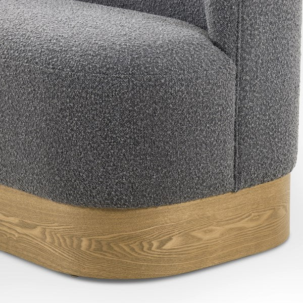 detailed shot of boucle charcoal dining bench